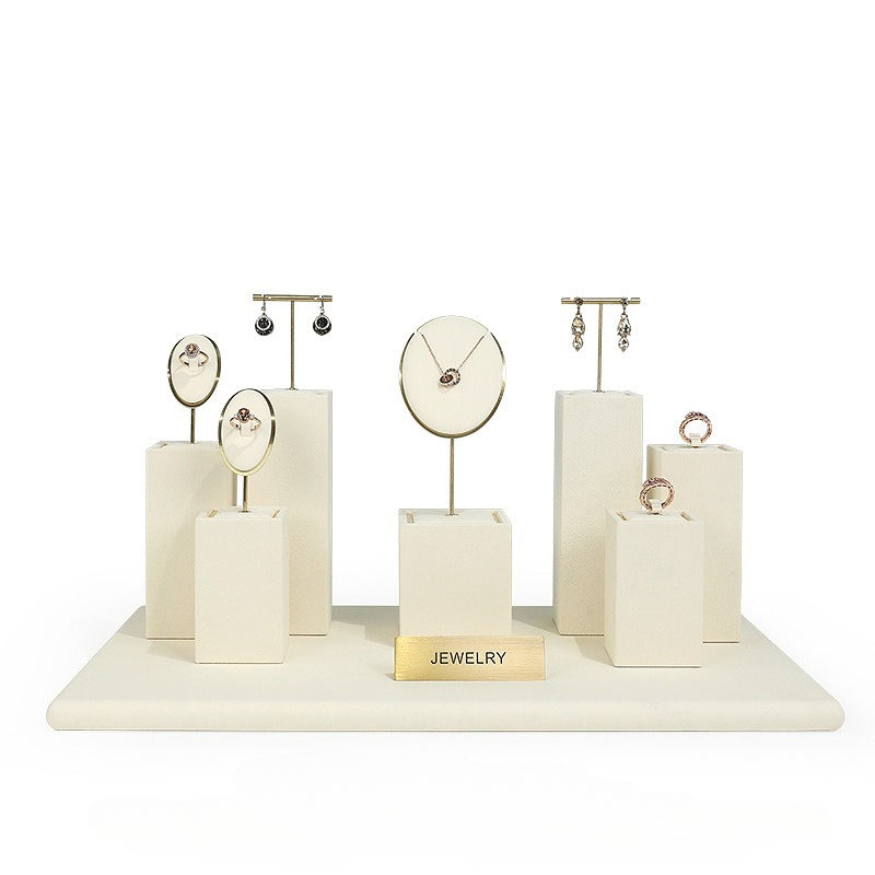 Beige Velvet Jewelry Display Set with Gold Metal Accents - Complete Retail Stand with Busts, Ring, Earring & Bracelet Holders