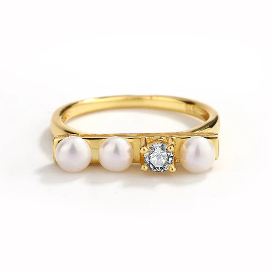Ladies diamond gold plated sterling silver ring wedding ring with three pearls for women
