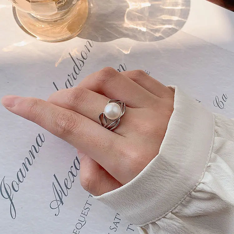 Best price personalized custom unique dainty 925 silver big freshwater pearl ring with white pearl