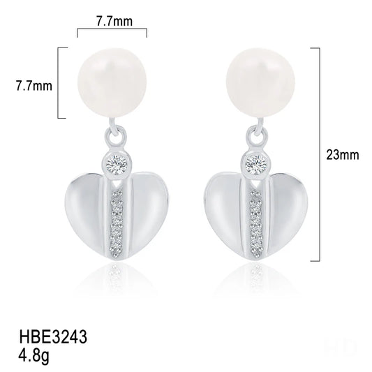 925 Sterling Silver Rhodium Plated Heart Freshwater Pearl pendant drop stud earrings Earrings for Women Wedding Party Gift
