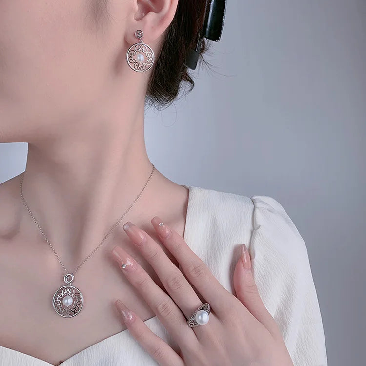 Fashion women jewelry dainty ring 925 sterling silver fresh water pearls pendant necklace and earrings set