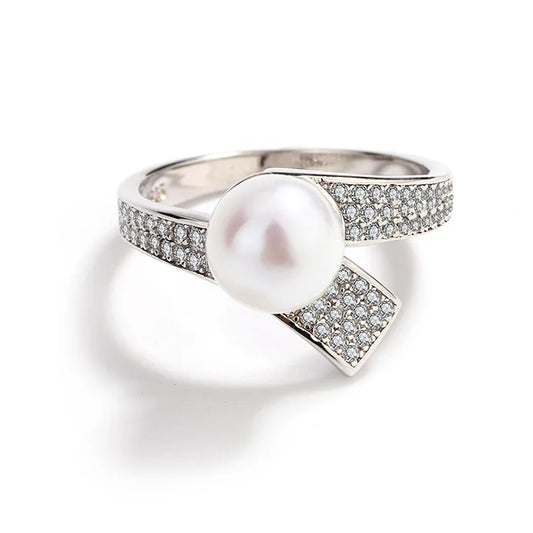 Women's jewelry 925 sterling silver diamond set cultured pearl ring