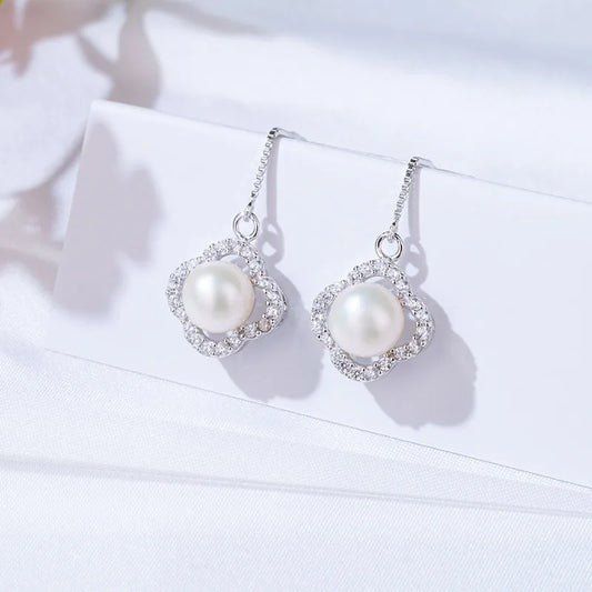 luxury 925 Silver Freshwater pearl earring ladies fashion drop pendant earrings Rhodium Plated Engagement Women Stud Earrings