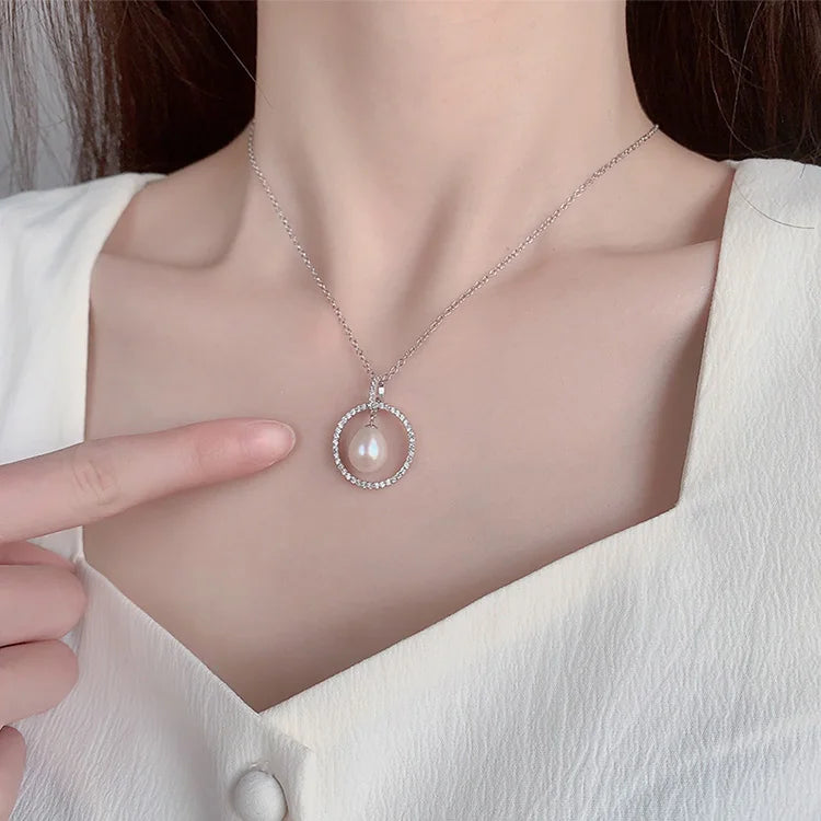 Women single freshwater pearl silver circle round necklace pendant for chains