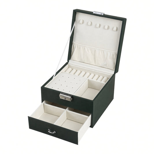 Dark green jewelry case with five necklace hooks and a divided drawer