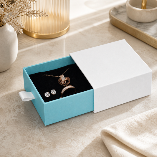 jewelry box - White & Baby Blue Drawer Jewelry Boxes 24 Pack B2533-T open view
