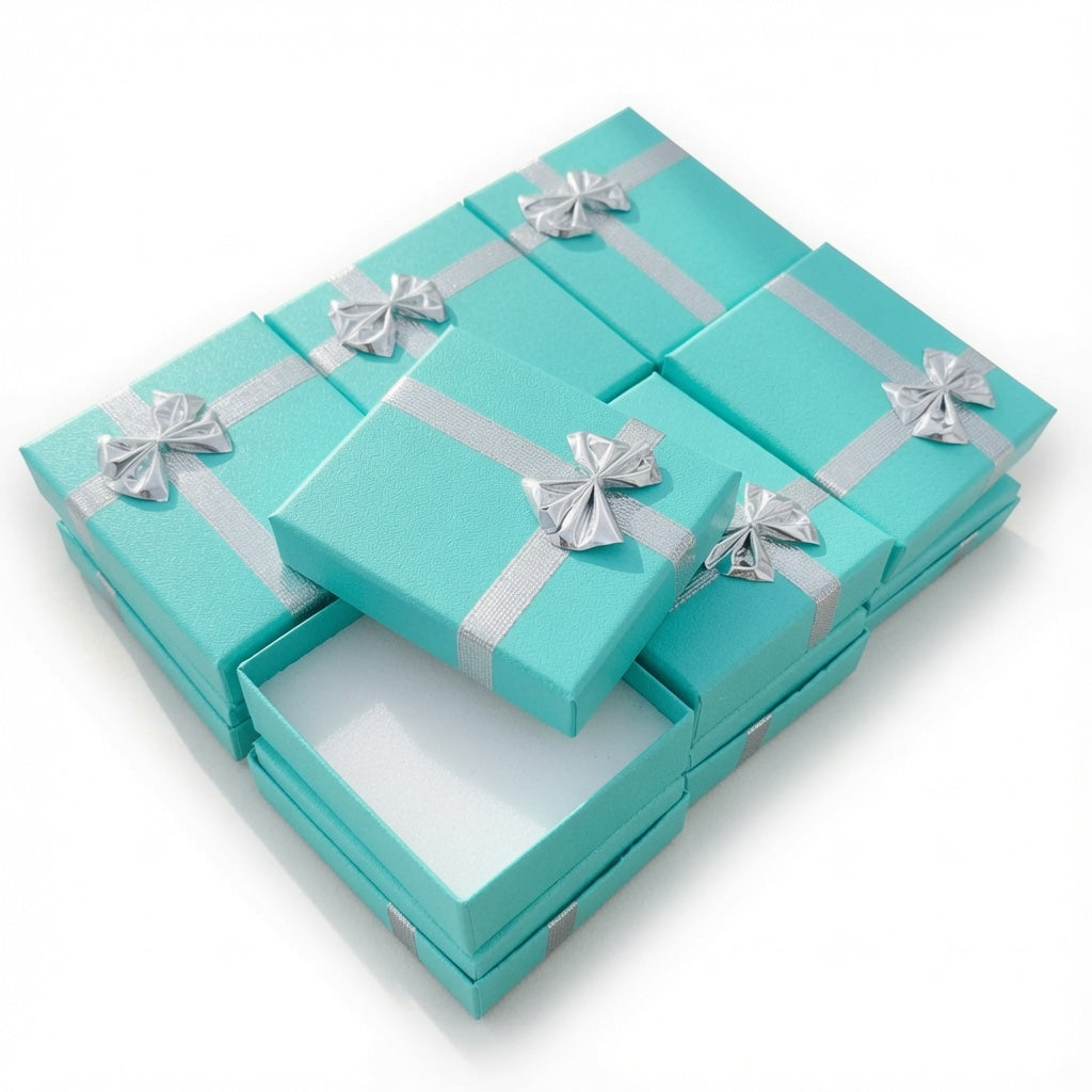 Lake blue paper pendant boxes with silver bows in a wholesale set