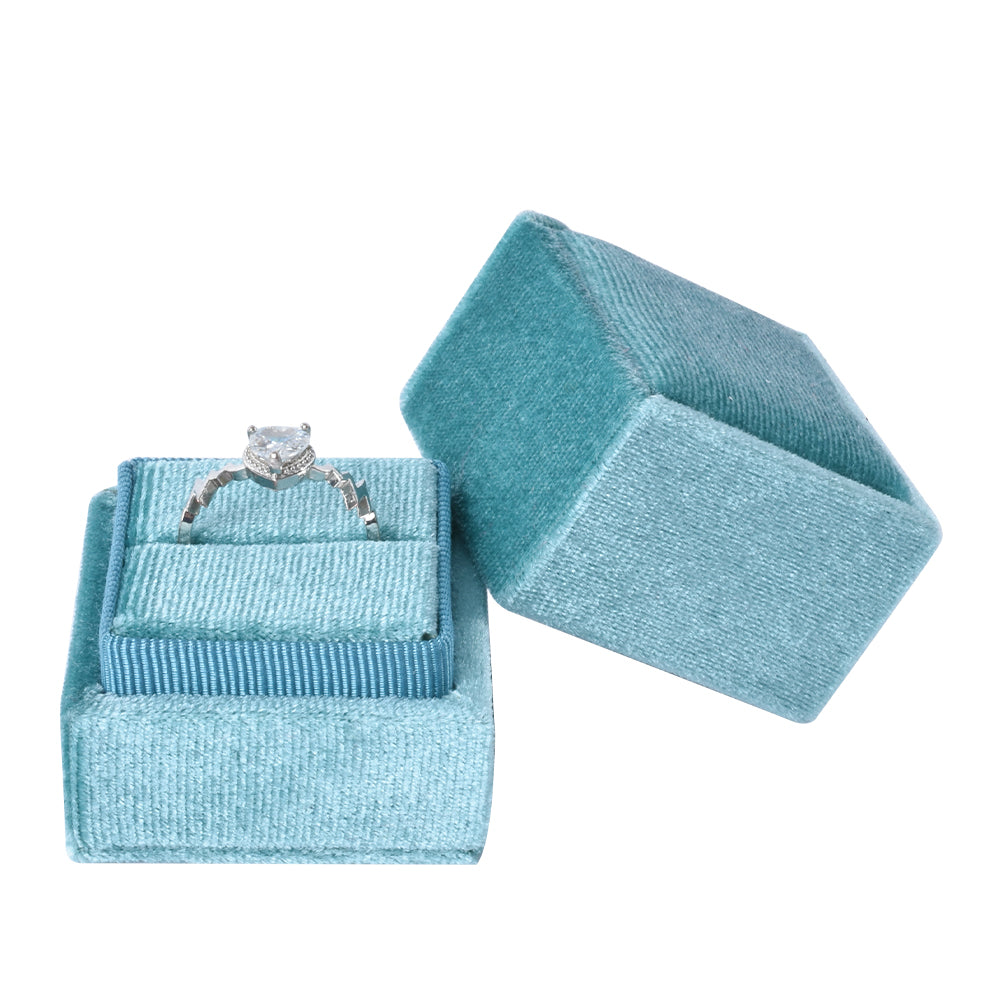 ring box - Light Blue Square Single Velvet Ring Box V07-R1 PEC front view