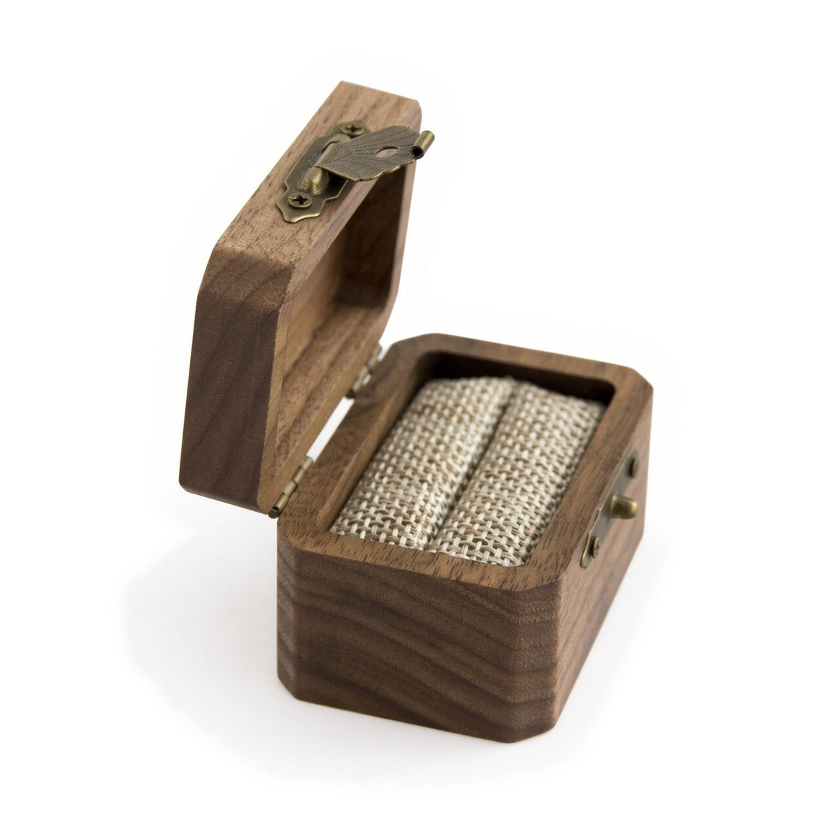 Rounded walnut ring box side view showing the open lid and burlap ring slot