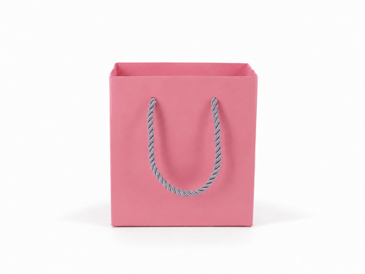 Front view of pink jewelry store gift tote bag with rope handles, 4.75 × 2.75 × 5 in