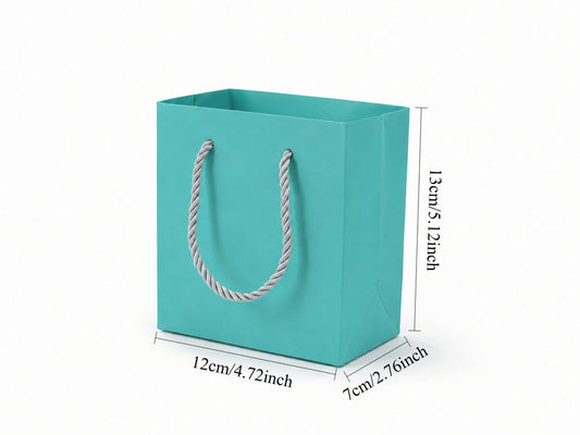 Front view of tiffany blue jewelry store gift tote bag with rope handles, 4.75 × 2.75 × 5 in