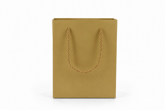 Front view of gold jewelry store gift tote bag with rope handles, 6.25 × 3.5 × 7.75 in