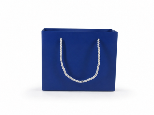 Front view of blue jewelry store gift tote bag with rope handles, 7.75 × 3.5 × 6.25 in