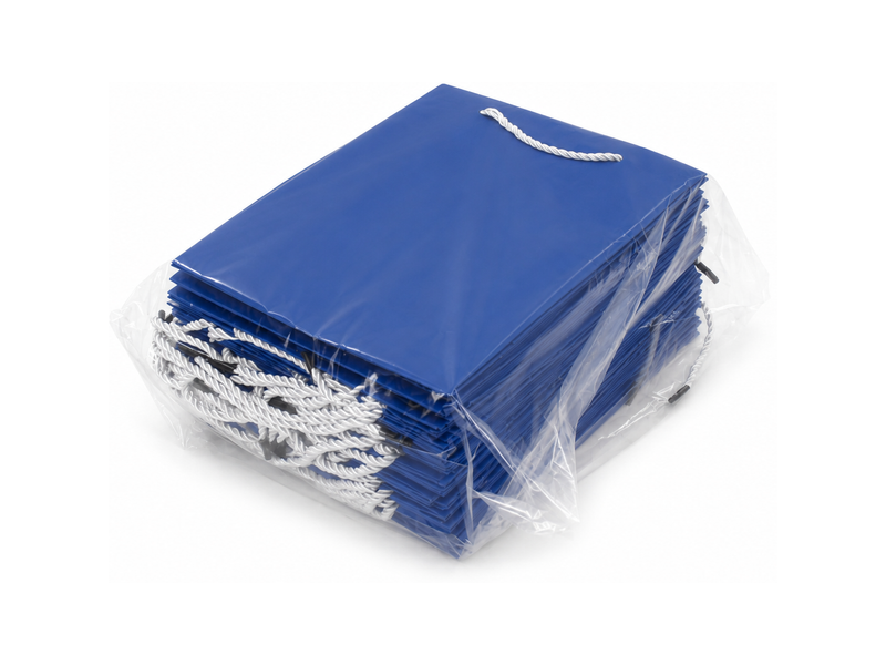 Bulk 24-pack of blue paper gift bags for jewelry retail packaging, 7.75 × 4.25 × 10.25 in