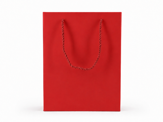 Front view of red jewelry store gift tote bag with rope handles, 7.75 × 4.25 × 10.25 in