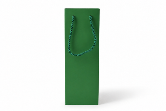 Front view of green jewelry store gift tote bag with rope handles, 3.25 × 2.75 × 10.75 in