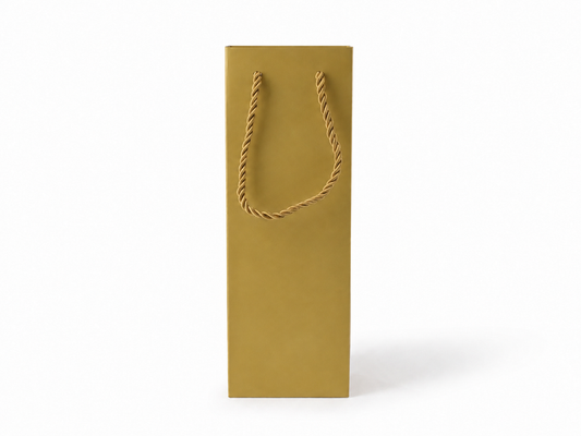 Front view of gold jewelry store gift tote bag with rope handles, 3.25 × 2.75 × 10.75 in