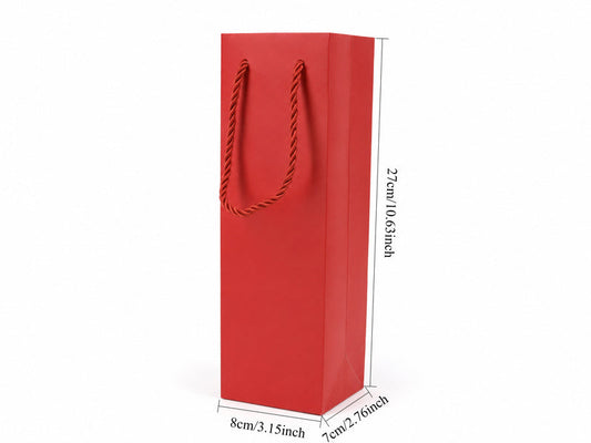 Front view of red jewelry store gift tote bag with rope handles, 3.25 × 2.75 × 10.75 in
