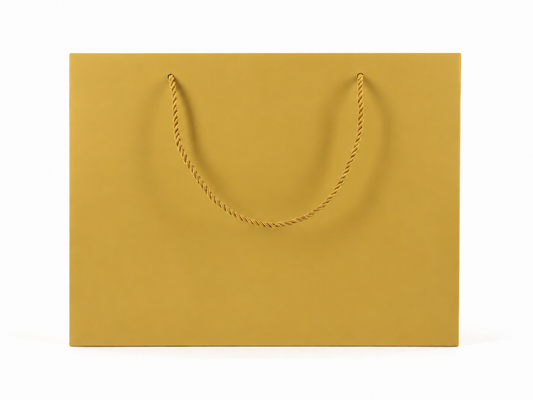 Front view of gold jewelry store gift tote bag with rope handles, 13 × 6 × 9.75 in