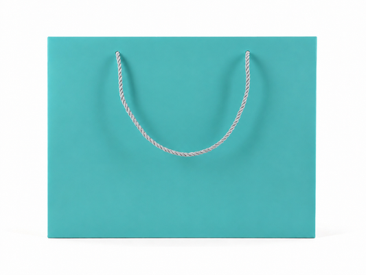 Front view of tiffany blue jewelry store gift tote bag with rope handles, 13 × 6 × 9.75 in