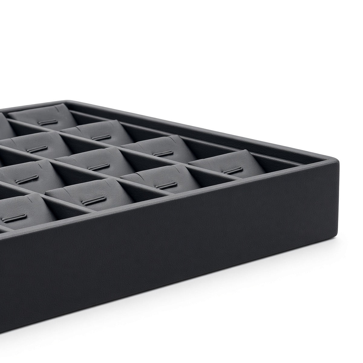 Black 28-slot pendant necklace display tray corner detail