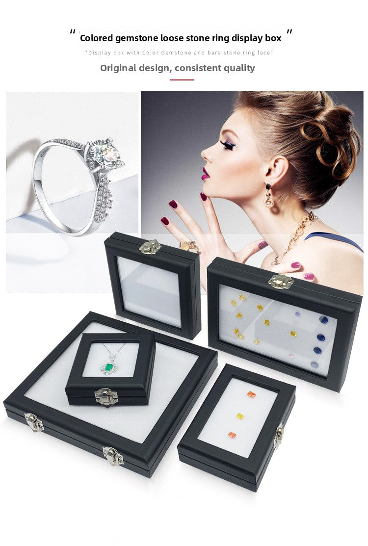 Black Leather Glass Gemstone Box with Lock