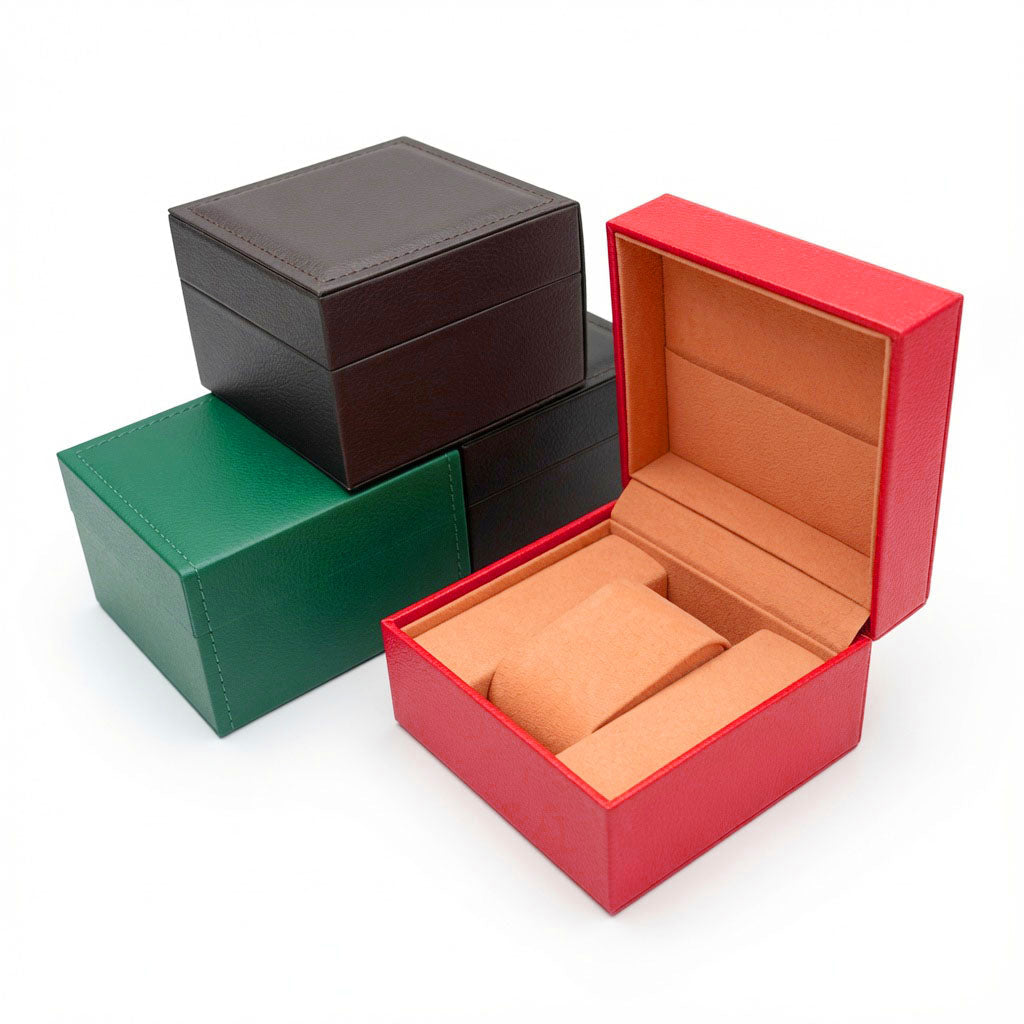 Open red single watch box with a tan cushion beside closed green, black, and brown presentation boxes on a white background.