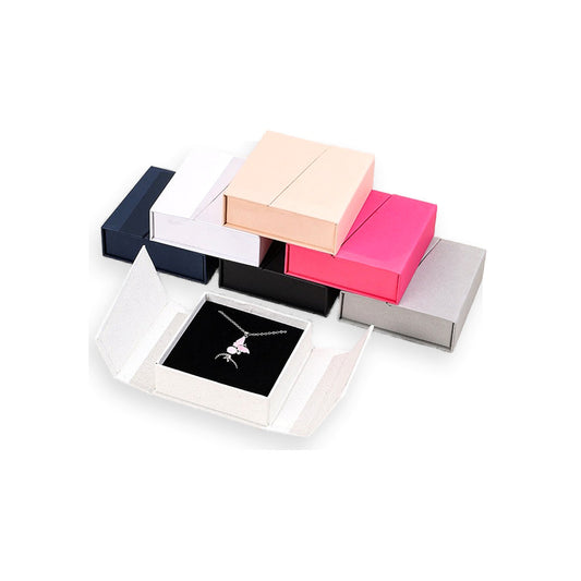 Custom double-opening magnetic jewelry boxes in multiple colors and sizes on a pure white background