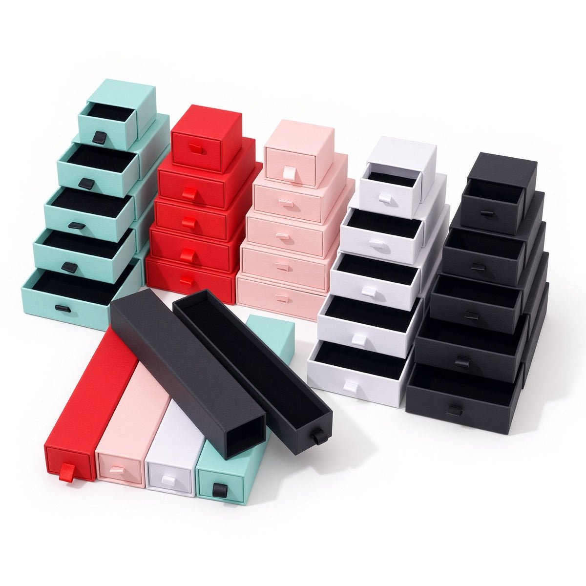 Custom multi-size sliding drawer jewelry box collection in coordinated colors and sizes