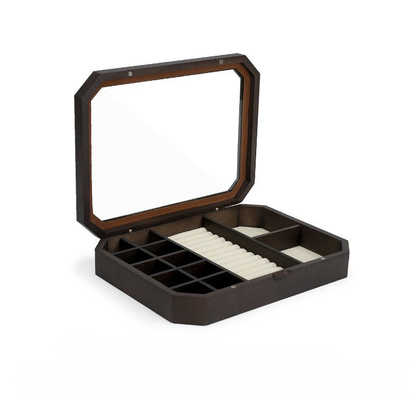 Wooden Jewelry Box with Clear Glass Lid & Octagonal Tray
