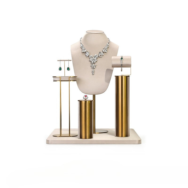 Beige Velvet Jewelry Display Set with Gold Metal Base - Complete Stand for Necklaces, Earrings, Rings & Bracelets