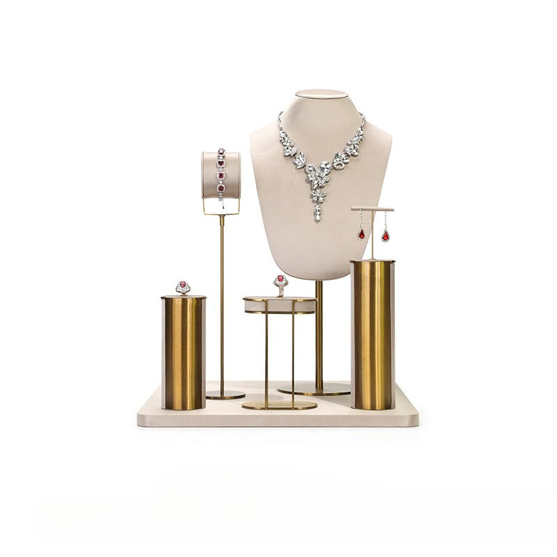 Beige Velvet Jewelry Display Set with Gold Metal Base - Complete Stand for Necklaces, Earrings, Rings & Bracelets