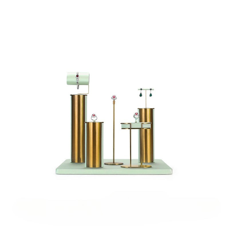 Light Green Velvet Jewelry Display Set with Gold Metal Base - Complete Stand for Necklaces, Earrings, Rings & Bracelets