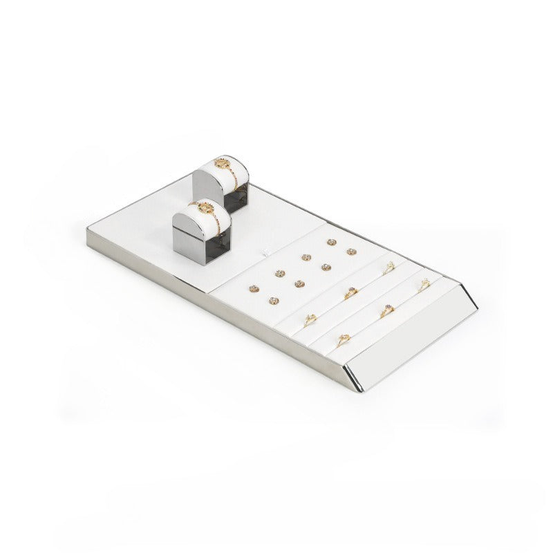 White PU Leather Jewelry Display Tray with Shiny Metal Frame - Modular Counter Organizer for Necklaces, Rings & Earrings