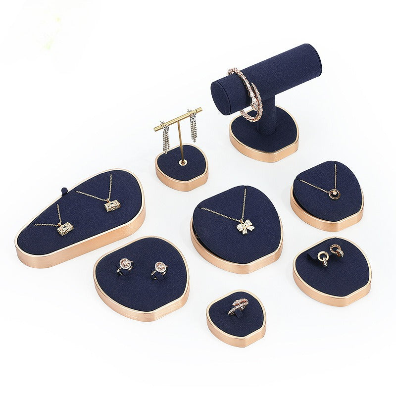 Navy Blue Velvet Jewelry Display Set with Rose Gold Trim - Complete Stand for Rings, Necklaces & Bracelets
