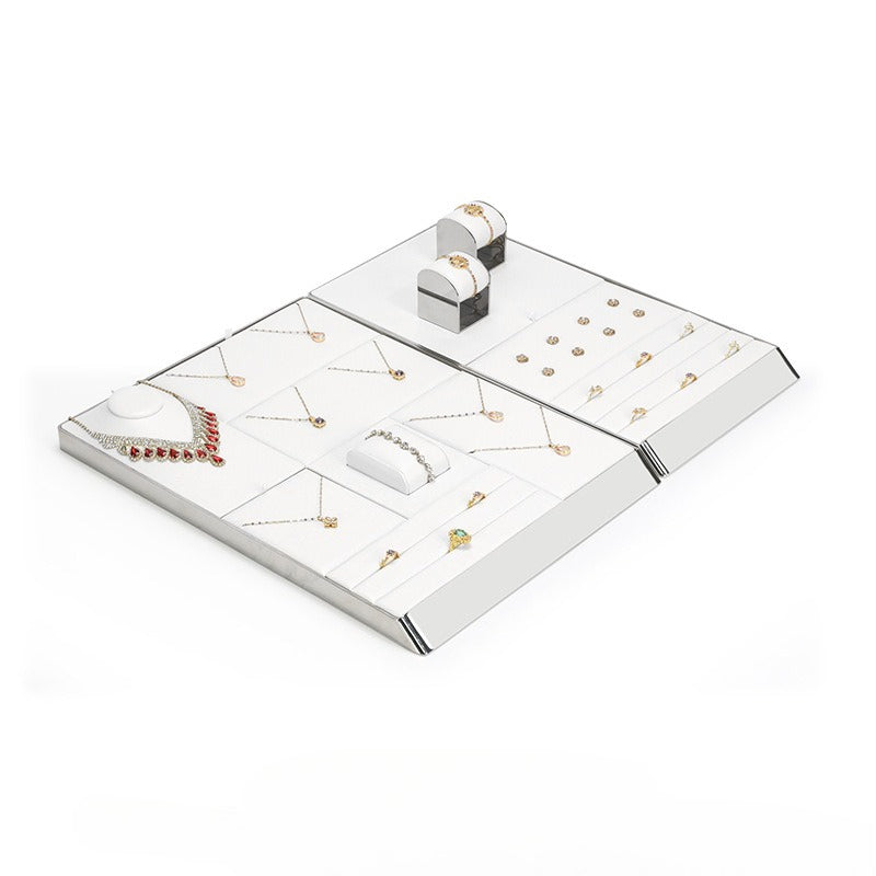 White PU Leather Jewelry Display Tray with Shiny Metal Frame - Modular Counter Organizer for Necklaces, Rings & Earrings