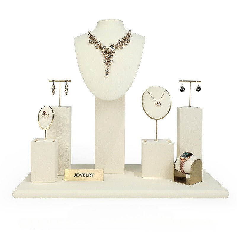 Beige Velvet Jewelry Display Set with Gold Metal Accents - Complete Retail Stand with Busts, Ring, Earring & Bracelet Holders