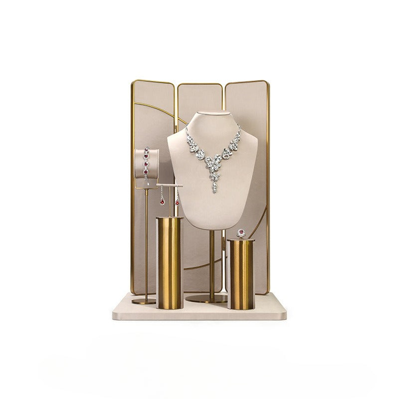 Beige Velvet Jewelry Display Set with Gold Metal Base - Complete Stand for Necklaces, Earrings, Rings & Bracelets