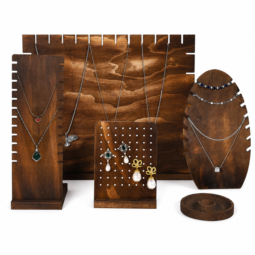 Custom Rustic Wood Jewelry Display Stands for Necklaces and Rings