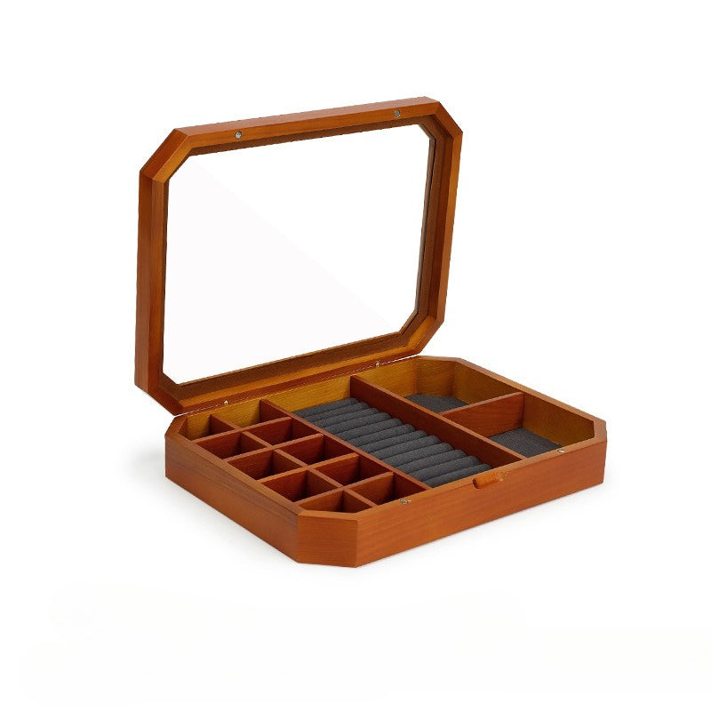 Wooden Jewelry Box with Clear Glass Lid & Octagonal Tray