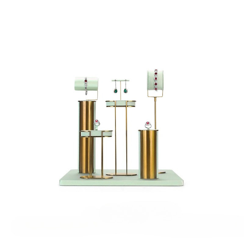 Light Green Velvet Jewelry Display Set with Gold Metal Base - Complete Stand for Necklaces, Earrings, Rings & Bracelets