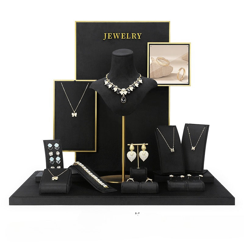 Black Velvet Jewelry Display Set - Complete Retail Stand with Bust, Earring, Ring & Bracelet Holders