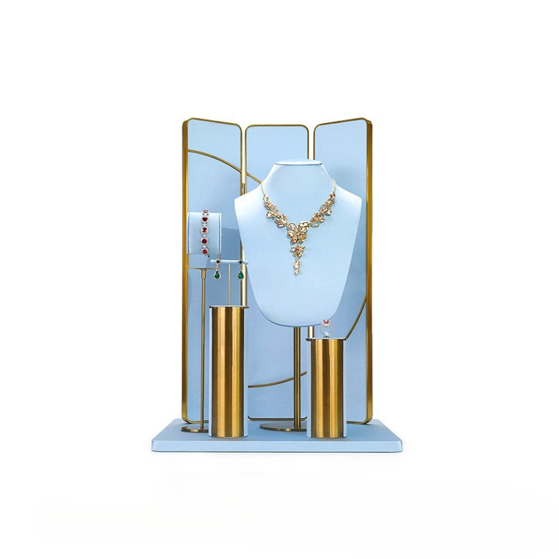 Light Blue & Gold Jewelry Display Set - Luxury Retail Stand with Necklace Bust, Earring & Ring Holders
