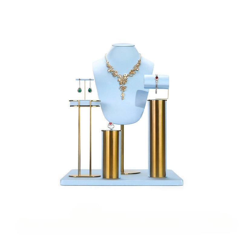 Light Blue & Gold Jewelry Display Set - Luxury Retail Stand with Necklace Bust, Earring & Ring Holders