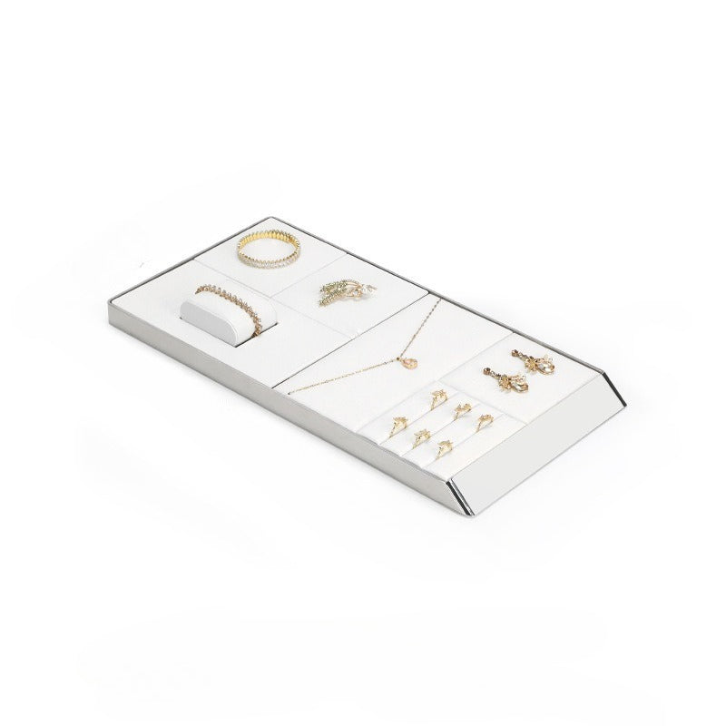 White PU Leather Jewelry Display Tray with Shiny Metal Frame - Modular Counter Organizer for Necklaces, Rings & Earrings