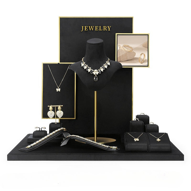 Black Velvet Jewelry Display Set - Complete Retail Stand with Bust, Earring, Ring & Bracelet Holders