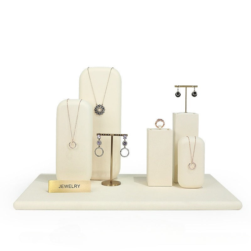 Beige Velvet Jewelry Display Set with Gold Metal Accents - Complete Retail Stand with Busts, Ring, Earring & Bracelet Holders