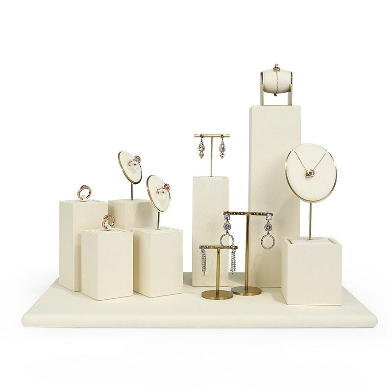 Beige Velvet Jewelry Display Set with Gold Metal Accents - Complete Retail Stand with Busts, Ring, Earring & Bracelet Holders
