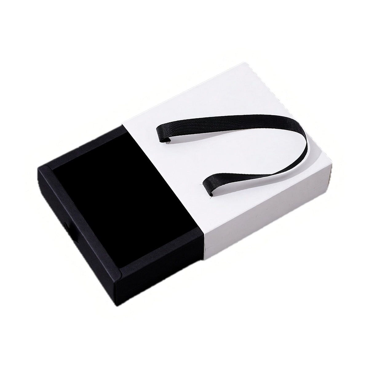 Custom black and white foldable drawer jewelry box with ribbon handle on pure white background