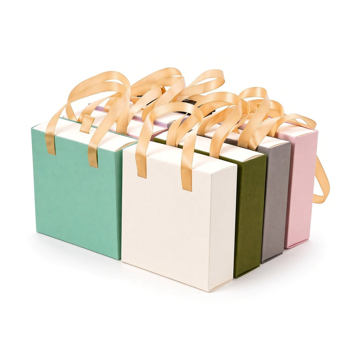 Foldable jewelry packaging boxes with ribbon handles for retail presentation